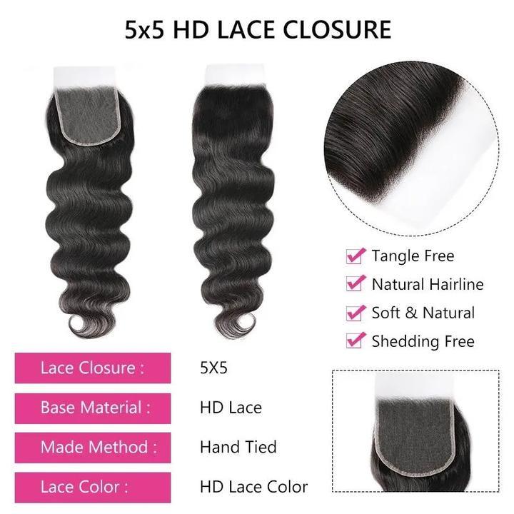 transparent lace closure body wave 5x5 free part lace closure 100% unprocessed human hair natural color1b 5
