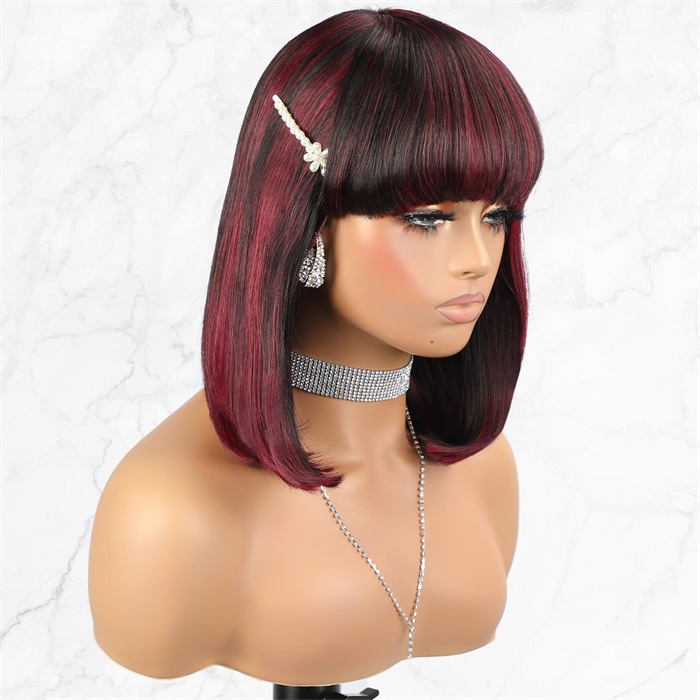 99j burgundy highlights bob cut lace wigs with bangs wholesale 1