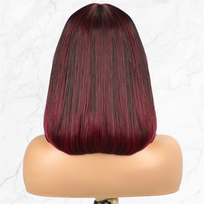 99j burgundy highlights bob cut lace wigs with bangs wholesale 6