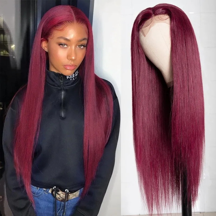 Affordable  99j Lace Part Human Hair Wigs Burgundy Virgin Straight Hand Tied Hair Line Lace Wig Pre Plucked Colored Wig for Women