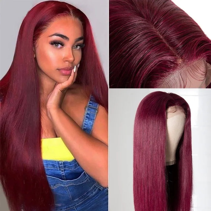 affordable 99j lace part human hair wigs burgundy virgin straight hand tied hair line lace wig pre plucked colored wig for women 3