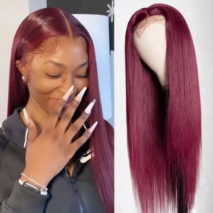 affordable 99j lace part human hair wigs burgundy virgin straight hand tied hair line lace wig pre plucked colored wig for women 5