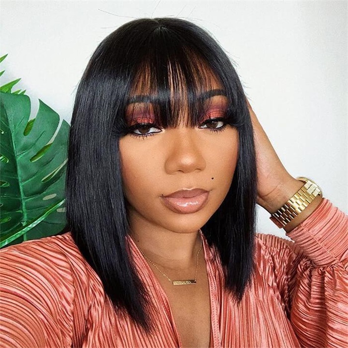 affordable short straight body non lace wigs with bangs 2