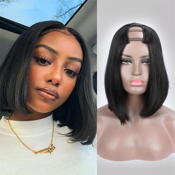 Black Straight Glueless U Part Human Hair Wig No glue No Gel