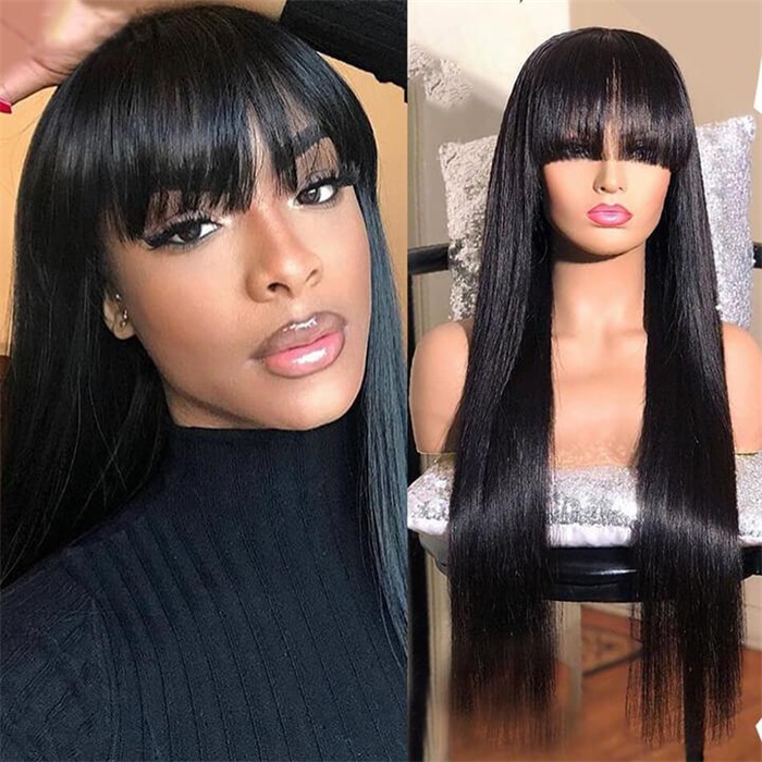 Brazilian Straight Human Hair Wigs With Bangs Remy Full Machine Made Human Hair Wigs For Women Wigs