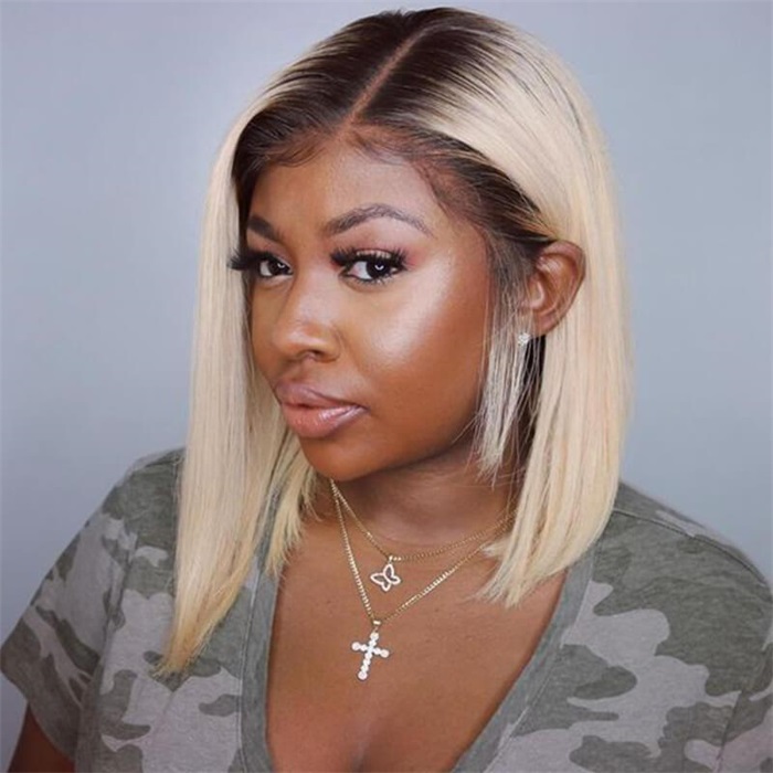 Double Drawn Ombre Blonde Short Cut Bob Straight 13×4 Lace Front Bob Wig