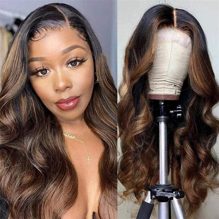Highlight Piano Color Glueless Lace Frontal Human Hair Wigs Body Wave