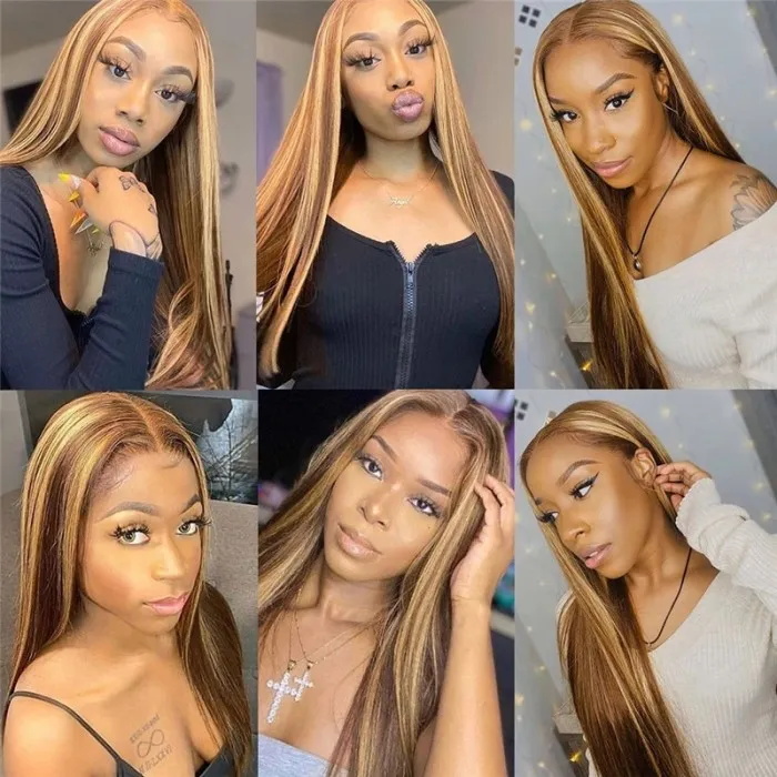 Honey Blonde Highlight 13×4 Lace Front Wigs Straight Human Hair Colored Wigs
