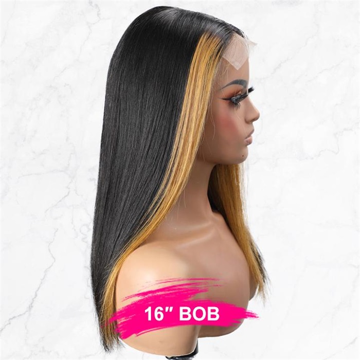 hot selling blonde highlights with black lace frontal human hair wigs 1