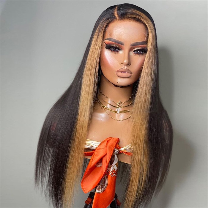hot selling blonde highlights with black lace frontal human hair wigs 5