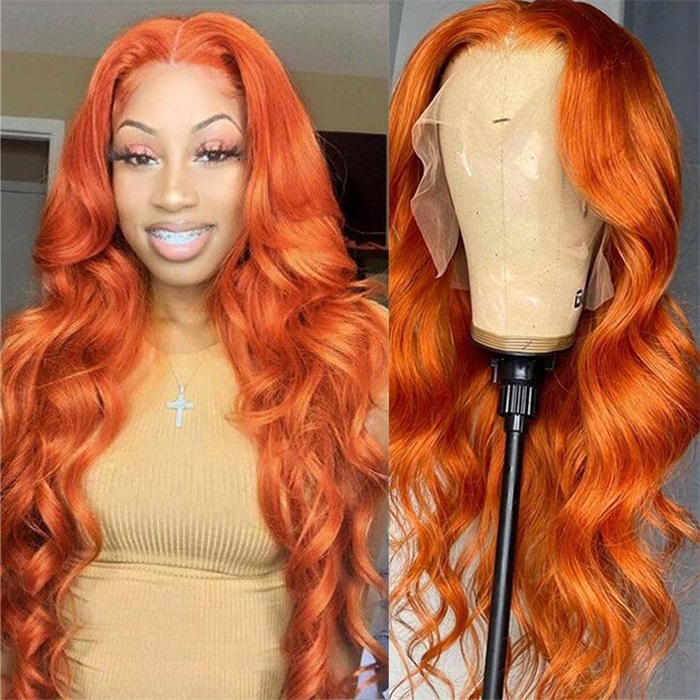 invisible hd lace frontal wigs ginger orange color body wave wigs 2