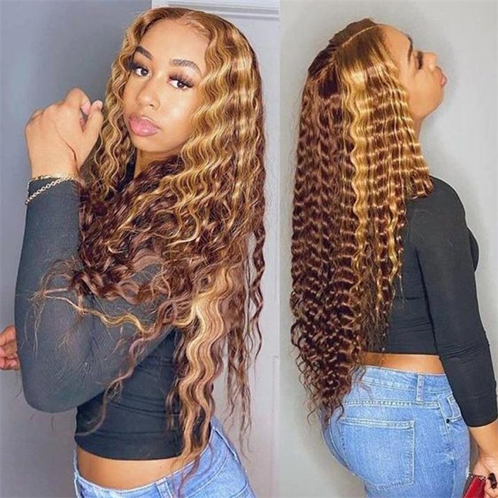 mixed brown color with blonde highlights lace frontal human hair wigs 3