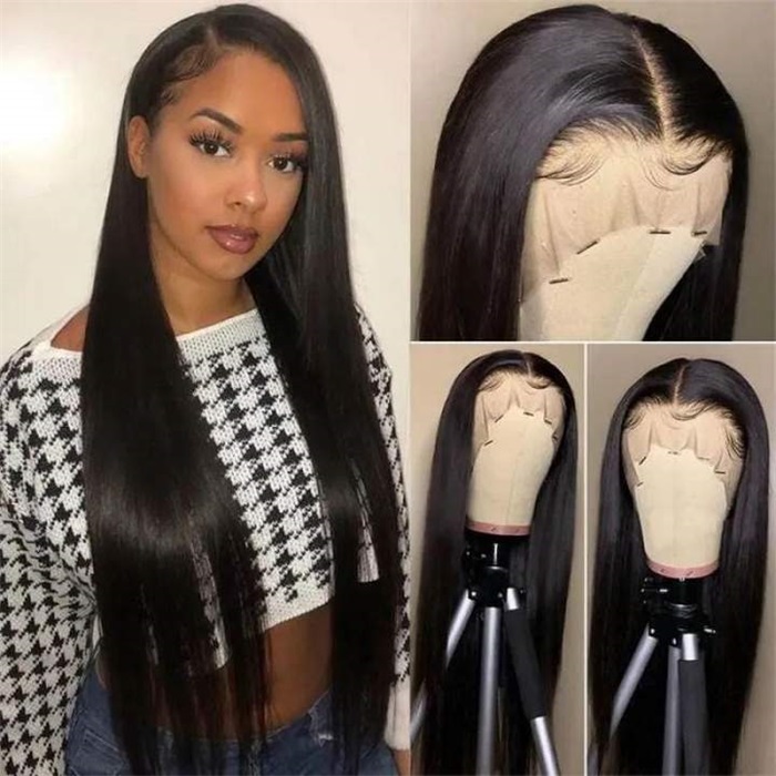 Natural Hairline 13×4 HD Transparent Lace Front Wigs Straight Human Hair Wigs 1b#