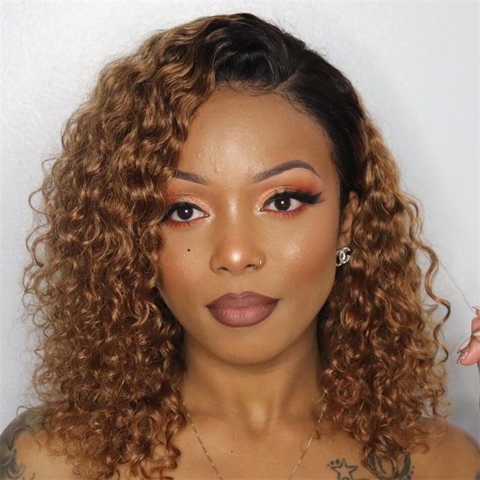 short curly ombre honey blonde lace frontal human hair wigs with baby hair 1