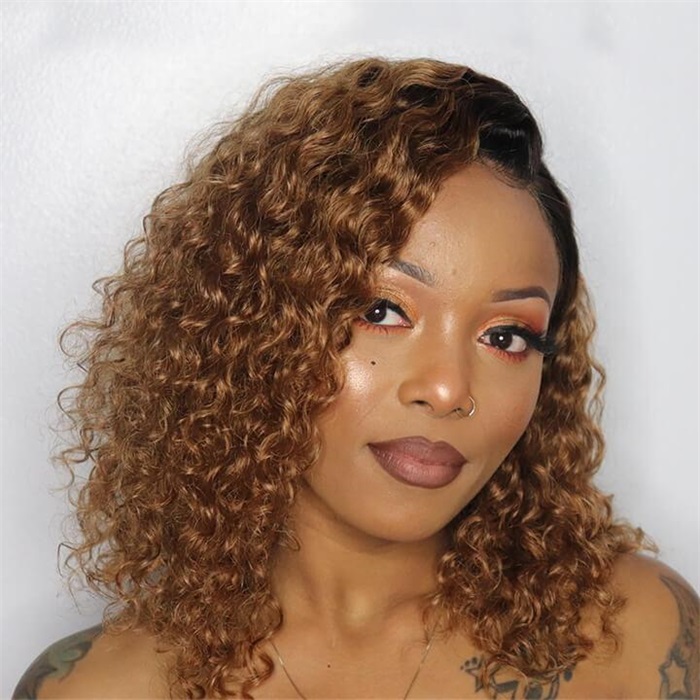 short curly ombre honey blonde lace frontal human hair wigs with baby hair 2