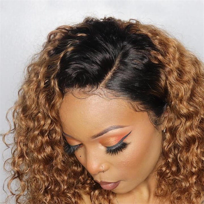 short curly ombre honey blonde lace frontal human hair wigs with baby hair 6