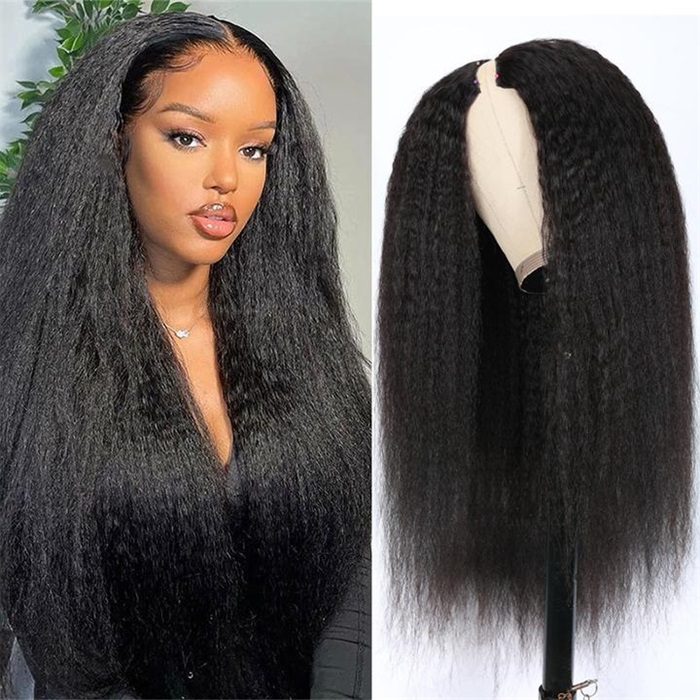 thin v part wig glueless kinky straight human hair wig no leave-out 1