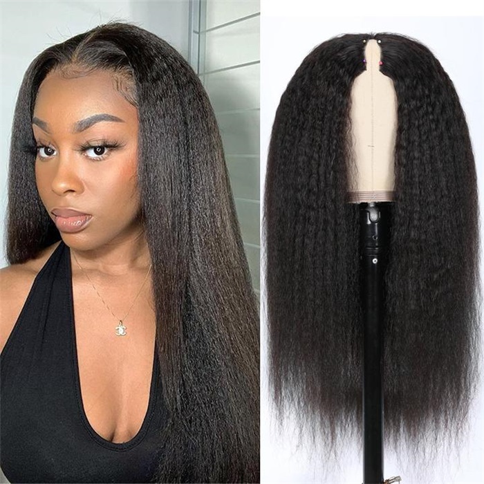 thin v part wig glueless kinky straight human hair wig no leave-out 2