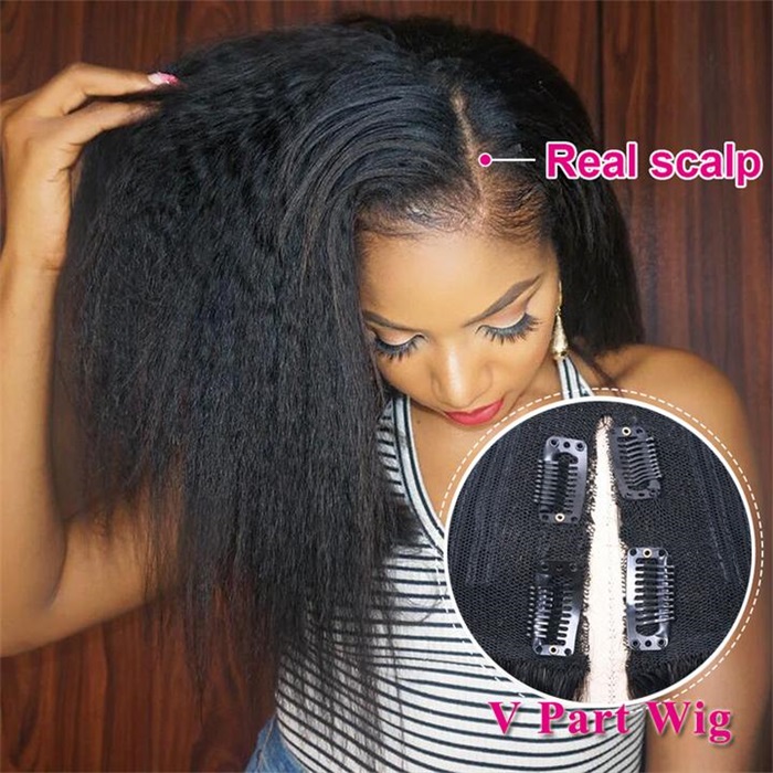 thin v part wig glueless kinky straight human hair wig no leave-out 6