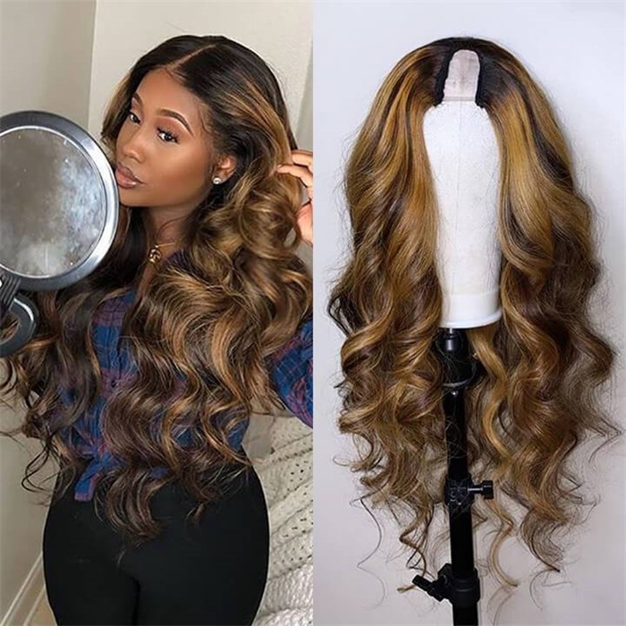 wholesale affordable hihglight 100% human hair wigs u part wigs body wave 5